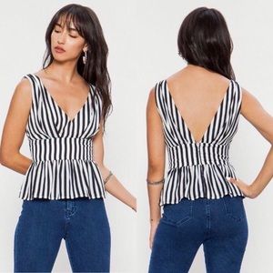 Black & White Striped V-Neck V-Back Peplum Top